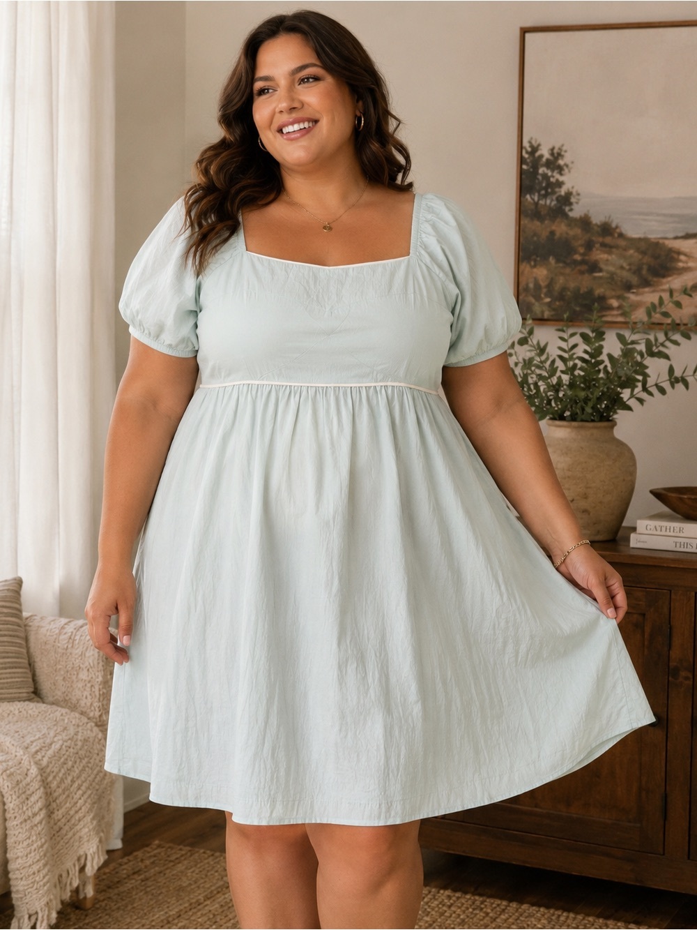 ARULA Mint Green Square Neck Puff Sleeve Mini Dress